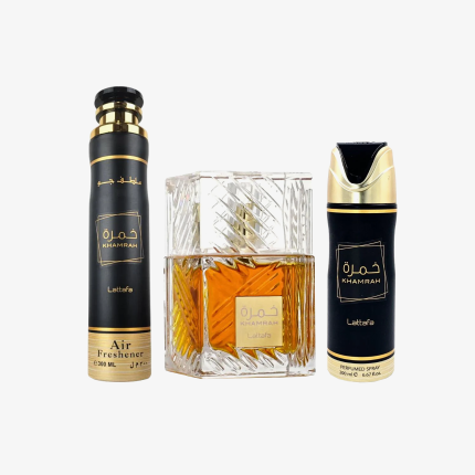 Lattafa Khamrah For Unisex 3 Piece Gift Set (3.4 Fl Oz EDP + 6.67 Fl Oz Deo + 10.14 Fl Oz Air Freshener)